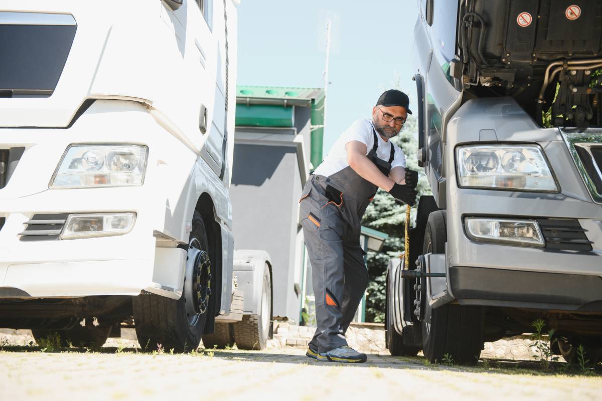 A senior worker checks wheel. Truck malfunction. Service work