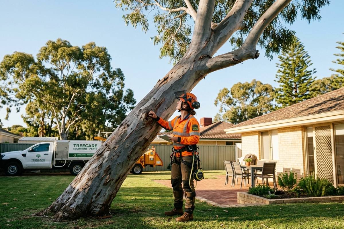 professional arborist inspecting hazardous tree for removal in Perth WA