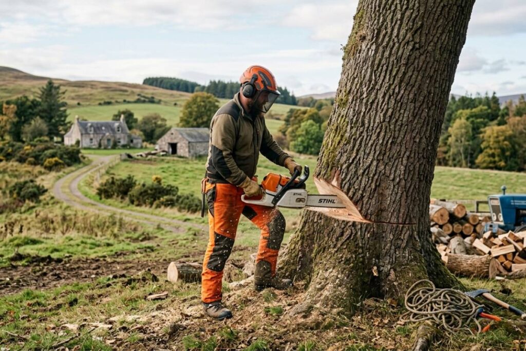 tree cutter felling a tree in open land with chainsaw