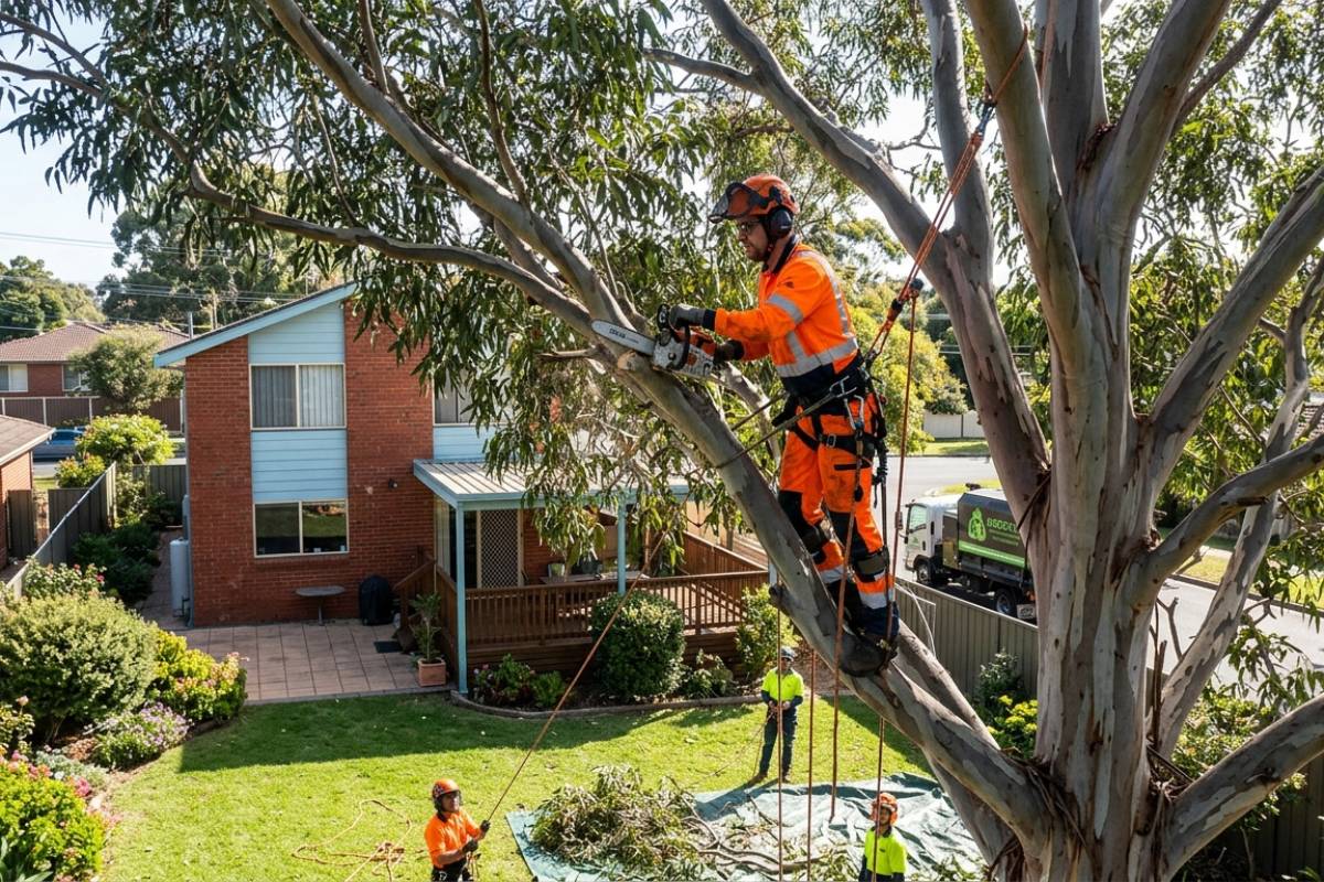 certified arborist pruning tree in Australian suburb