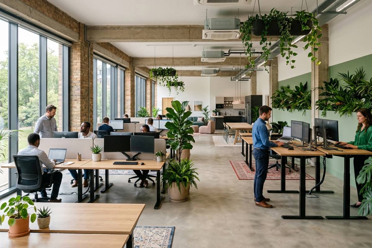 ergonomic office fitout with sit-stand desks and biophilic design