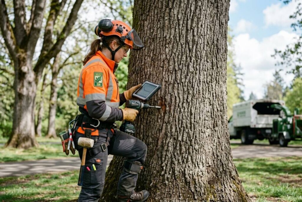 certified tree arborist performing a tree health assessment