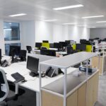 Empty open plan office with multiple work stations