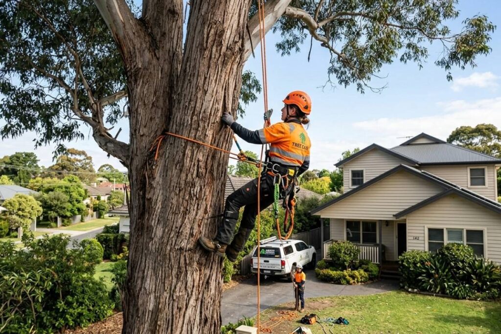 tree arborist climbing eucalyptus near house in Australia