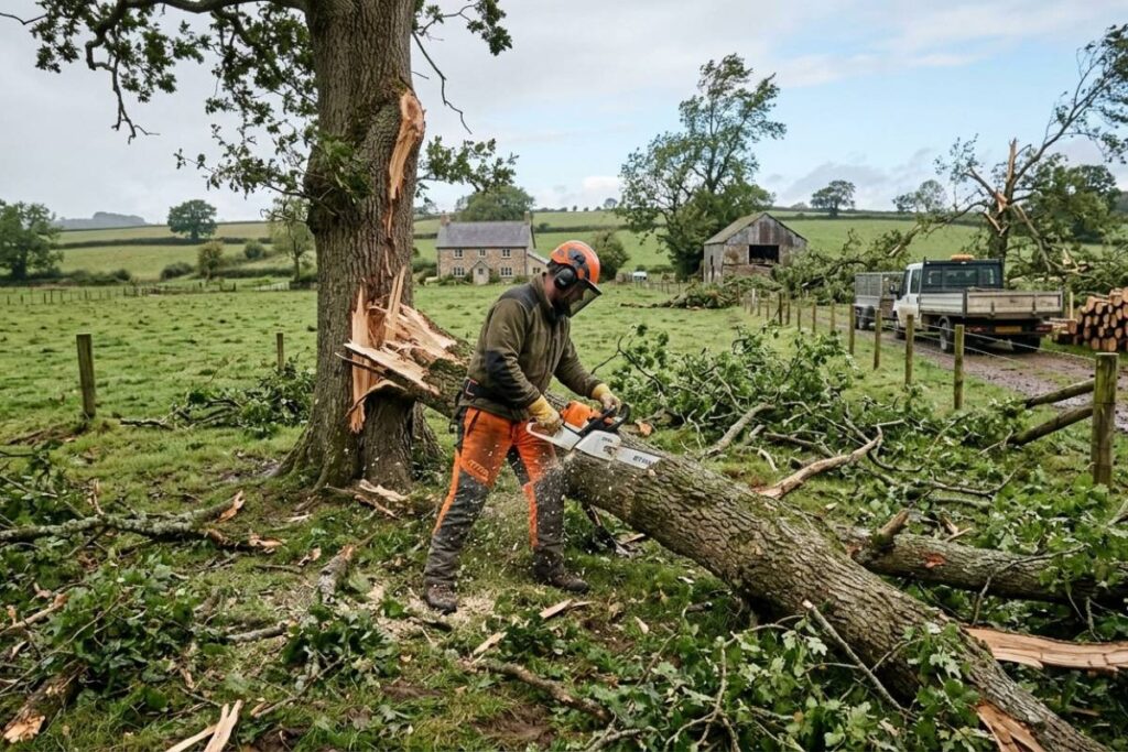 tree cutter clearing storm debris in rural Australian property