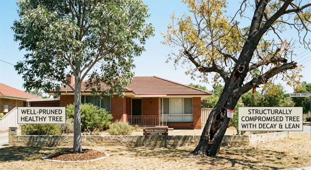 comparison of healthy pruned tree versus hazardous tree requiring removal Perth