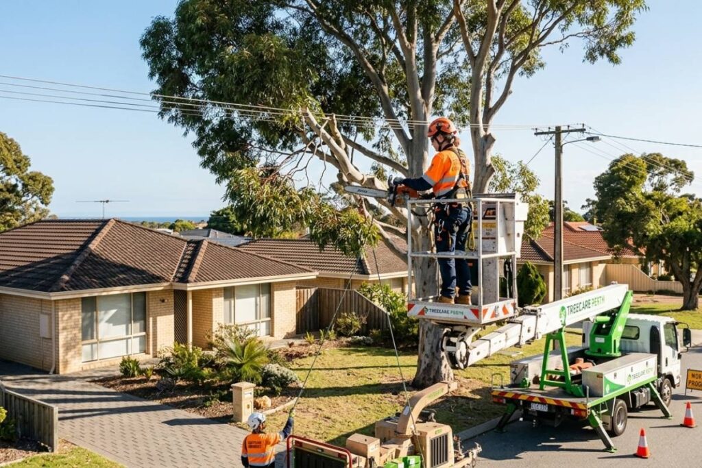 professional tree removal service using elevated work platform near house in Perth Western Australia