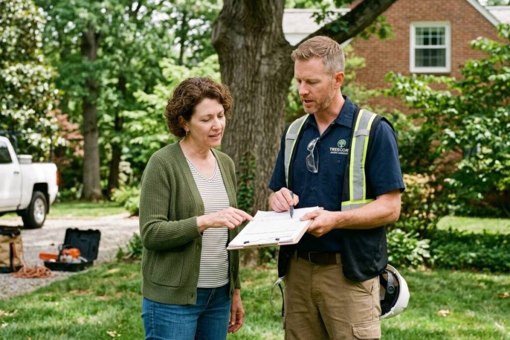 homeowner consulting certified arborist before tree removal