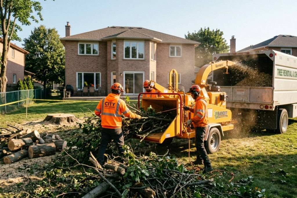 tree removal crew cleaning up after cutting trees near me